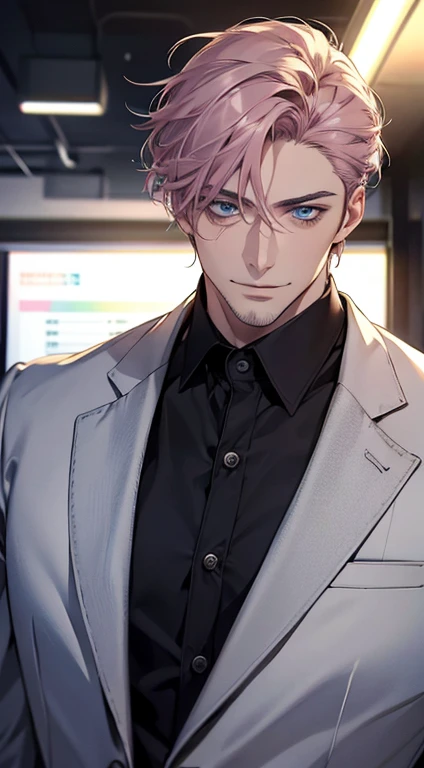 (best quality,4k,8k,highres,masterpiece:1.2),ultra-detailed,(realistic,photorealistic,photo-realistic:1.37),1 man,31 years old,mature man,very handsome,without expression,smile,short grey pink hair,blue eyes,penetrating gaze,perfect face without errors,imposing posture,businessman,office background,cinematic lighting,hdr image