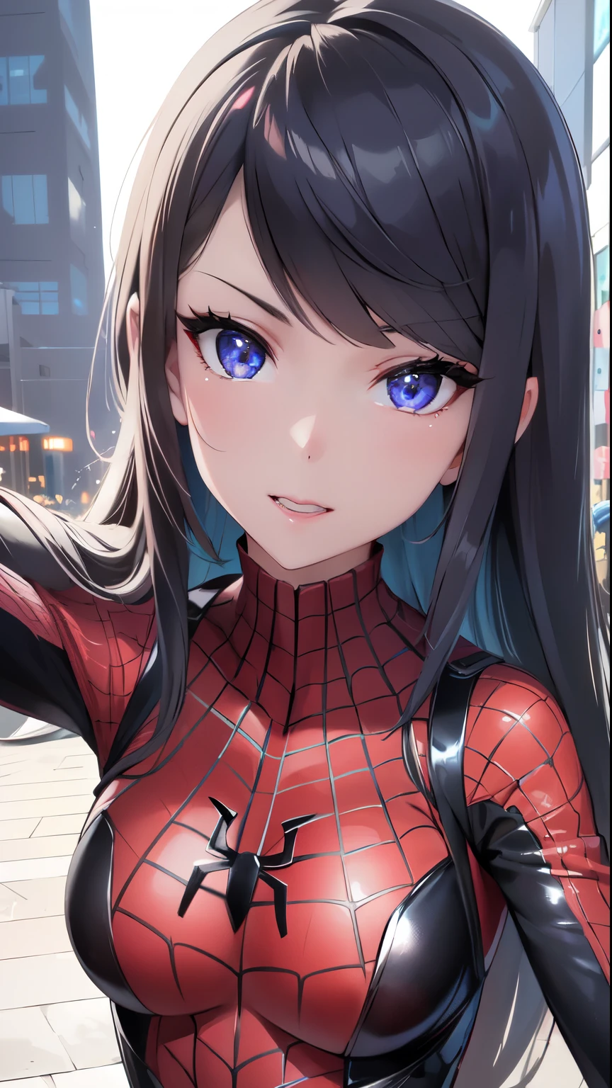 a beautiful woman in spider-man costume, petite breasts, detailed body, intricate costume, hyper realistic, cinematic lighting, vibrant colors, dramatic shadows, 8k, photorealistic, masterpiece, detailed facial features, piercing eyes, sharp focus, clean lines, elegant pose, dynamic action, incredible detail
