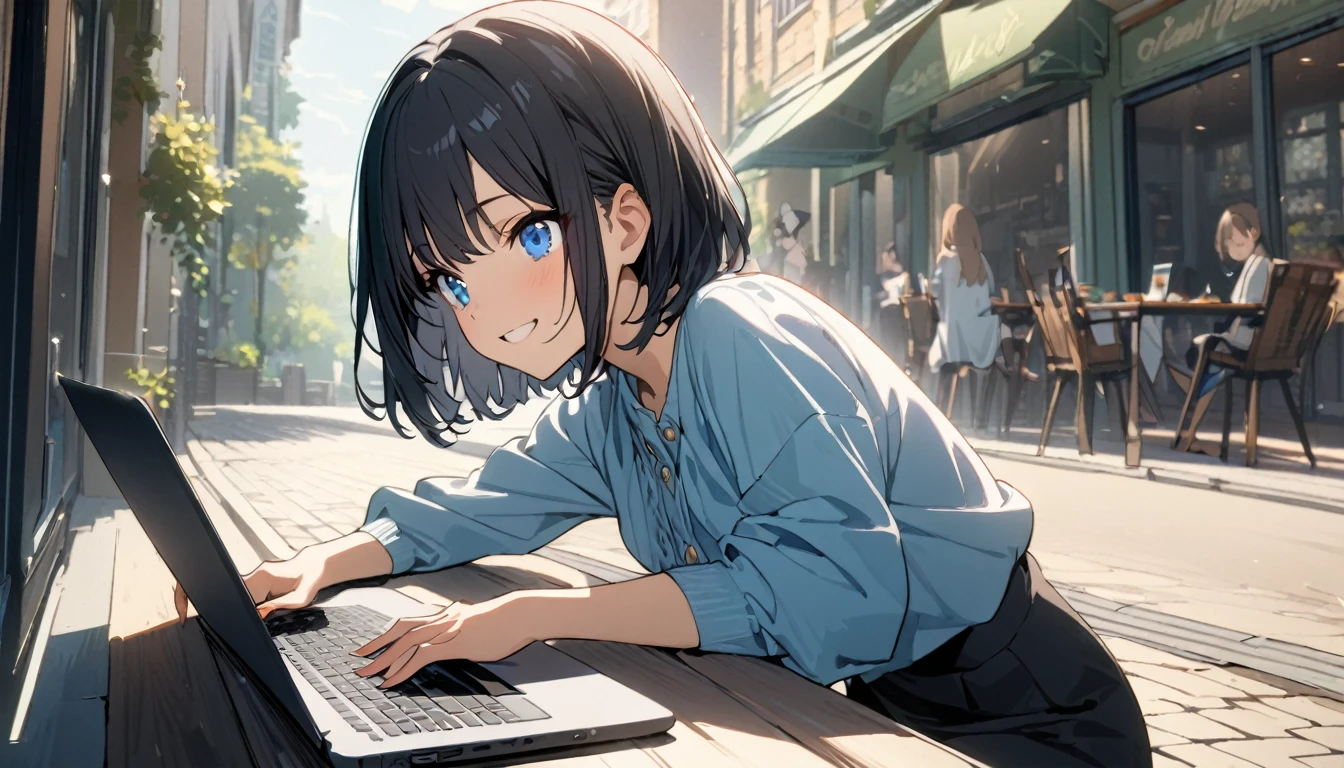 (1girl in),(beautiful blue eyes finely detailed、Face to detail、flat chest, masterpiece sidelighting、masterpiece、top-quality、detaileds、High resolution illustration),Woman using laptop on the open terrace of a fashionable café、18year old、OL、Everyday clothes、A smile、frontage、The upper part of the body、black hair、Short bob hair、The upper part of the body、