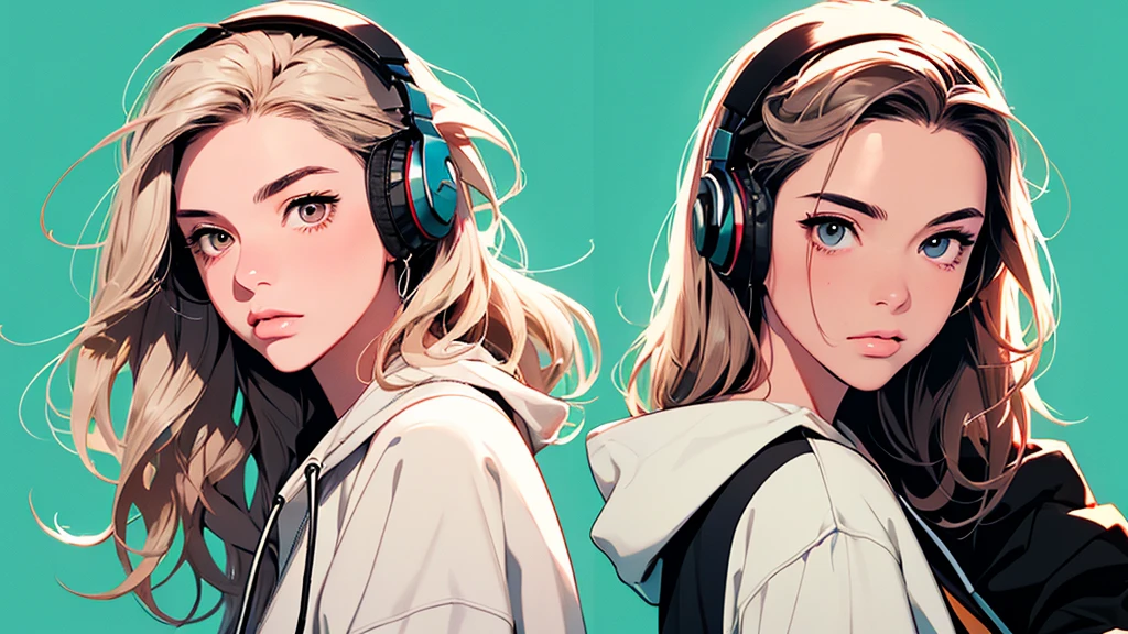 2D illustration, anime, Portraiture в изобразительном искусстве, Manga style, Bishamon from noragami, 1 Girl, Blonde long hair, Big Hair, Curly Hair, {{full name eyes}}, create, beautiful, High resolution, masterpiece, Highest quality, High detail, High detailed eyes, Grain Filter, Detailed lips, High resolution, Super detailed, Portraiture, White women, Realisticな比率, Anatomically correct, beautiful若い女性, Erin Moriarty pairing:0.7, joey king:0.5, Sydney Sweeney:0.4 full-body portraits, Illustrator, anime , Realistic ,sketch , 1 Girl, ,lip, hoodie,order, Blue gradient background, Neon Hair,Textured Trim, Canadian, (masterpiece,Highest quality), lofi, Battle DJ girl in HIPHOP fashion wearing DJ headphones,Upper Body