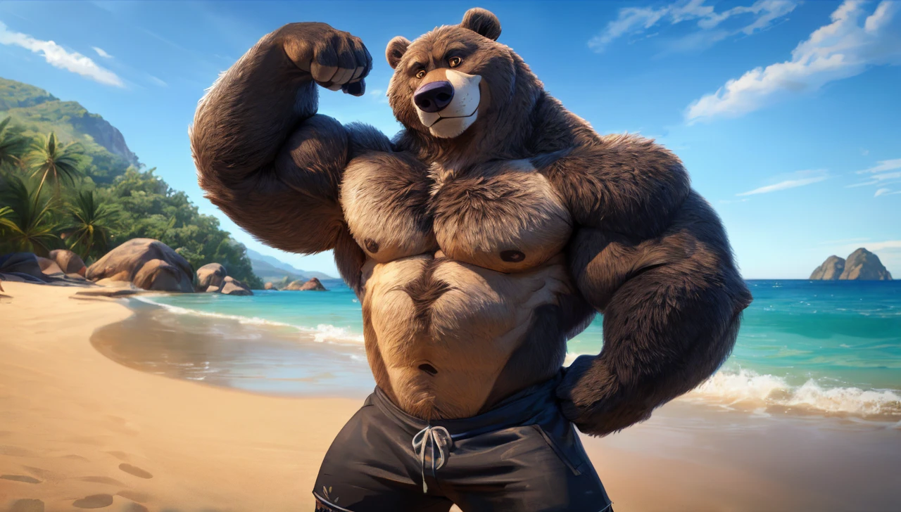 solo, 1boy, beach, size different, extremely huge muscular, massive muscular, Baloo, jungle book, grizzly bear, full-body, well-muscled bring shirtless in a black swim trunk shorts in beach. Flexing his arms. ((extremely muscle size, super thick arms, huge bidy, thick brown fur, extremely wide body and shoulder , huge arms)). and add details to make it attractive and interesting. Add textures and details to make the image more realistic, such as the appearance of the shirt texture and the appearance of the skin. Make sure the resulting image is high resolution, 8K quality.", simple background, masterpiece, high detailed, 8k, high resolution