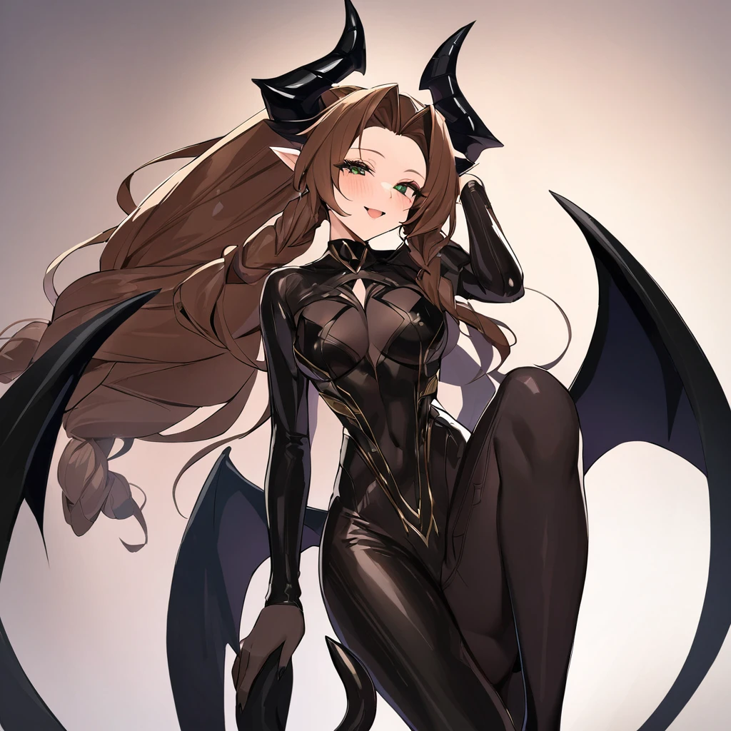 ((Highest quality)), ((masterpiece)), (detailed), （Perfect Face）、The woman is a naked demon queen, Devil Queen Aerith, wearing a shiny black full-body bodysuit decorated with gold, a sexy female demon, Devil Queen Aerith、The woman is a female demon, Aerith, with magnificent devil horns, jet black devil wings, and a jet black tail. She is looking at the camera with a happy expression, her brown medium-long hair is braided in the back and she has the expression of a girl in love.、The woman is Aerith