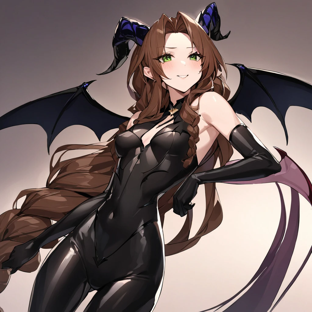 ((Highest quality)), ((masterpiece)), (detailed), （Perfect Face）、The woman is a naked demon queen, Devil Queen Aerith, wearing a shiny black full-body bodysuit decorated with gold, a sexy female demon, Devil Queen Aerith、The woman is a female demon, Aerith, with magnificent devil horns, jet black devil wings, and a jet black tail. She is looking at the camera with a happy expression, her brown medium-long hair is braided in the back and she has the expression of a girl in love.、The woman is Aerith