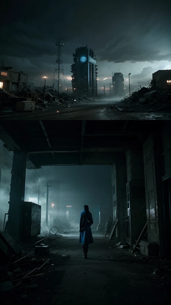 in a post-apocalyptic world, Maya discovered a mysterious laboratory, 4k realistic imagery, blue scenery like a movie scene, old american setting, inspired by blade runner movie scene, blue tone,