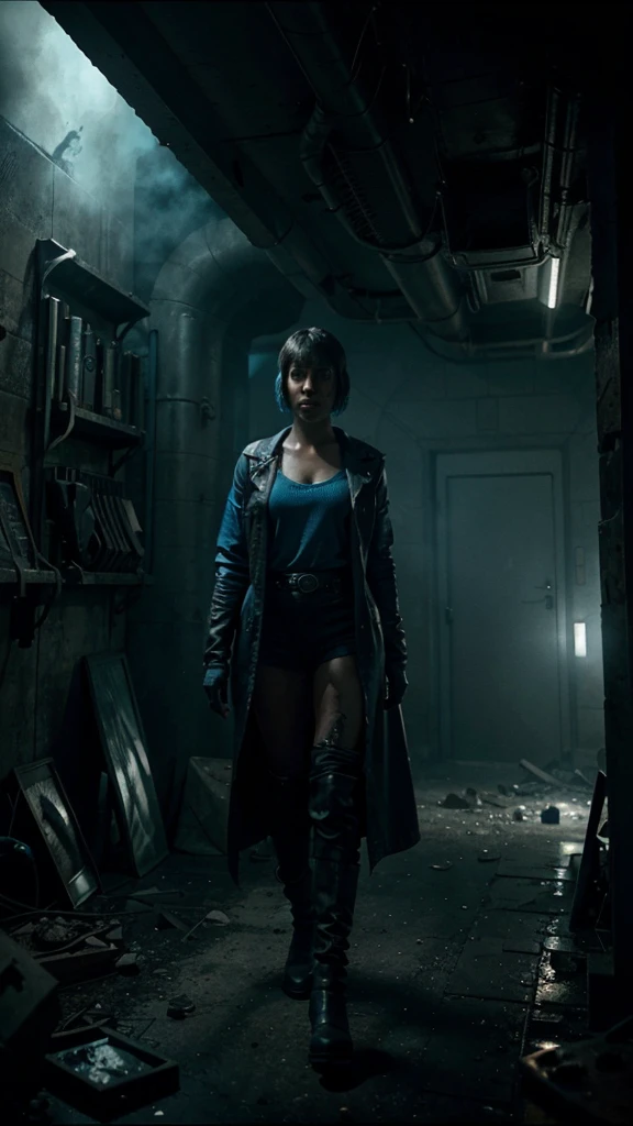 in a post-apocalyptic world, Maya discovered a mysterious laboratory, 4k realistic imagery, blue scenery like a movie scene, old american setting, inspired by blade runner movie scene, blue tone,