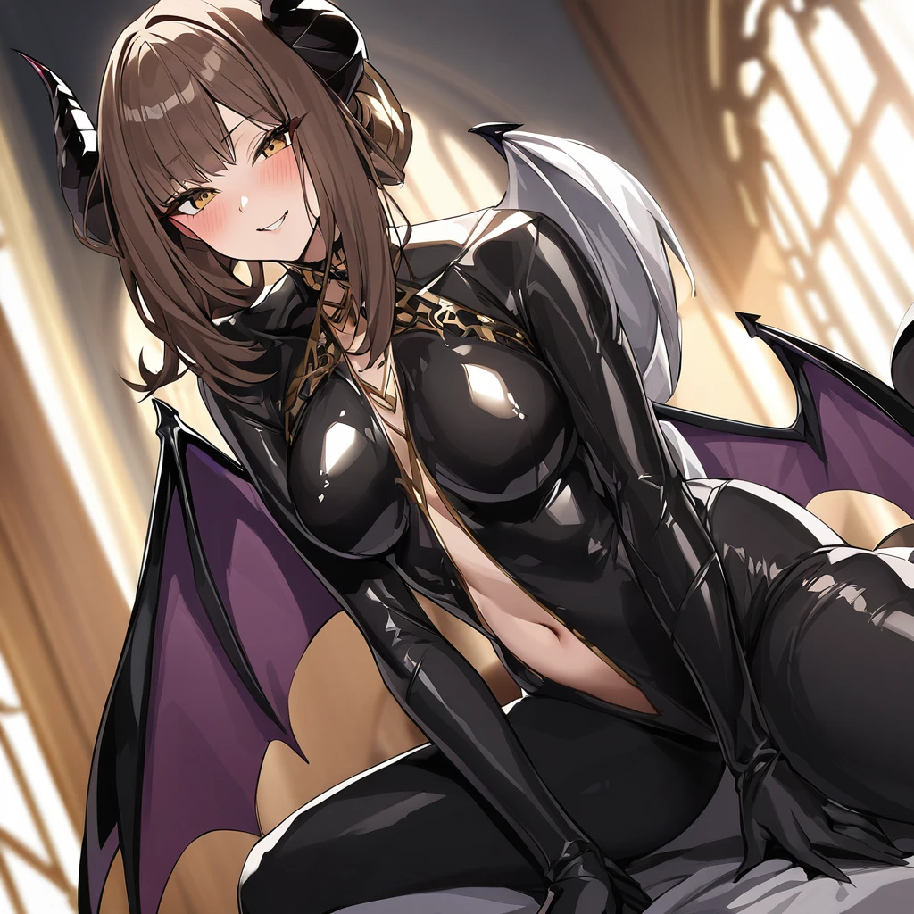 ((Highest quality)), ((masterpiece)), (detailed), (Perfect Face)、The woman is a naked demon queen, Devil Queen Liza, wearing a shiny black full-body bodysuit decorated with gold, a sexy female demon, Devil Queen Liza、The woman is a female demon with magnificent devil horns, jet black devil wings, and a jet black tail. She is looking at the camera with a happy expression, she is a demon named Liza, with short brown hair and the expression of a girl in love.、The woman is Liza