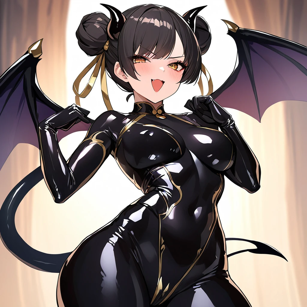 ((Highest quality)), ((masterpiece)), (detailed), （Perfect Face）、The woman is naked and wearing a shiny black full-body bodysuit decorated with gold, the devil queen Chun-Li is a sexy female demon.、The woman is a female demon with magnificent devil horns, jet black devil wings and a jet black tail. She is a demon Chun-Li looking at the camera with a happy expression, her black semi-bob hair styled in twin chignon, and the expression of a girl in love.、The woman is Chun-Li