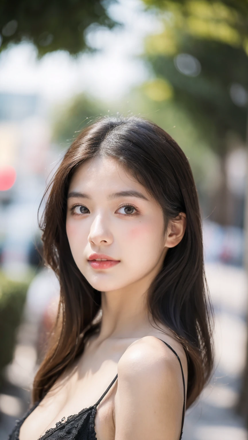 ((Best quality, 8K, masterpiece:1.3))，1girl，18 years old，Asian，Real texture:1.3，(Background blur:1.1)，Dress Up，Tall and slender figure:1.2，(Hot summer weather)，（street:1.3），Highly detailed face and skin textures，Exquisite eyes，Long eyelashes，Double eyelids，Skin Whitening，happy，Various postures，Big breasts