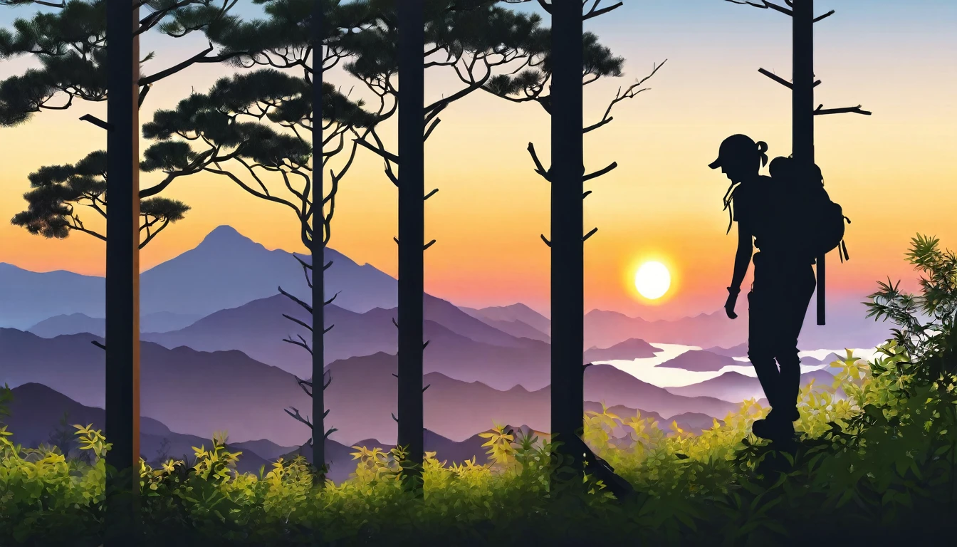 wood々Overgrown mountain, sunset, Female climber silhouette, Beautiful Landscape