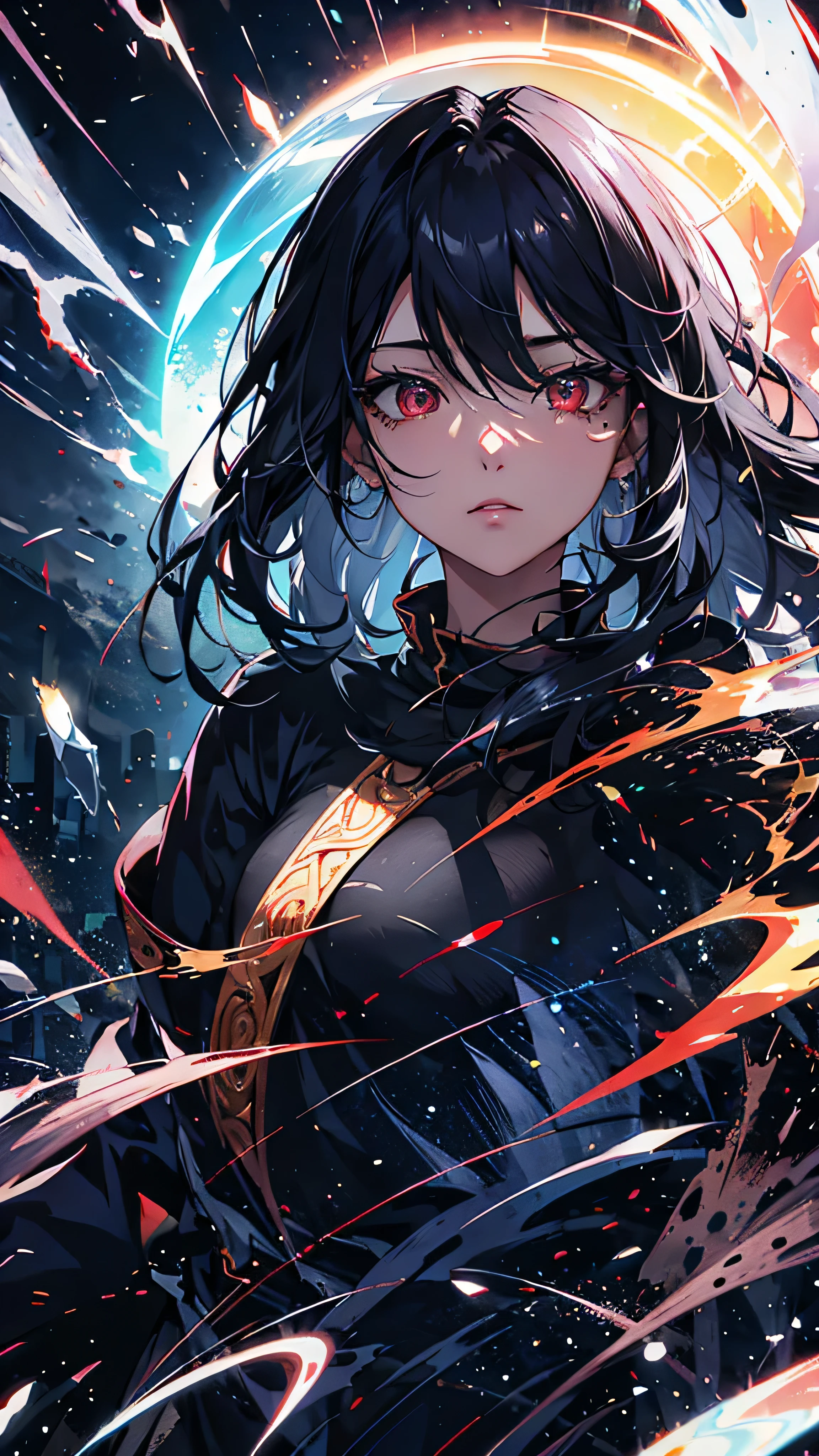 black hair, longeyelashes, solid circle eyes, ccurate, gradient hair, mole under eye, glowing eyes, eyeball, sad, drop shadow, anaglyph, stereogram, tachi-e, pov, atmospheric perspective, anime style, chromatic aberration, cinematic lighting, reflection light, 8k, super detail, best quality, UHD, high details, textured skin