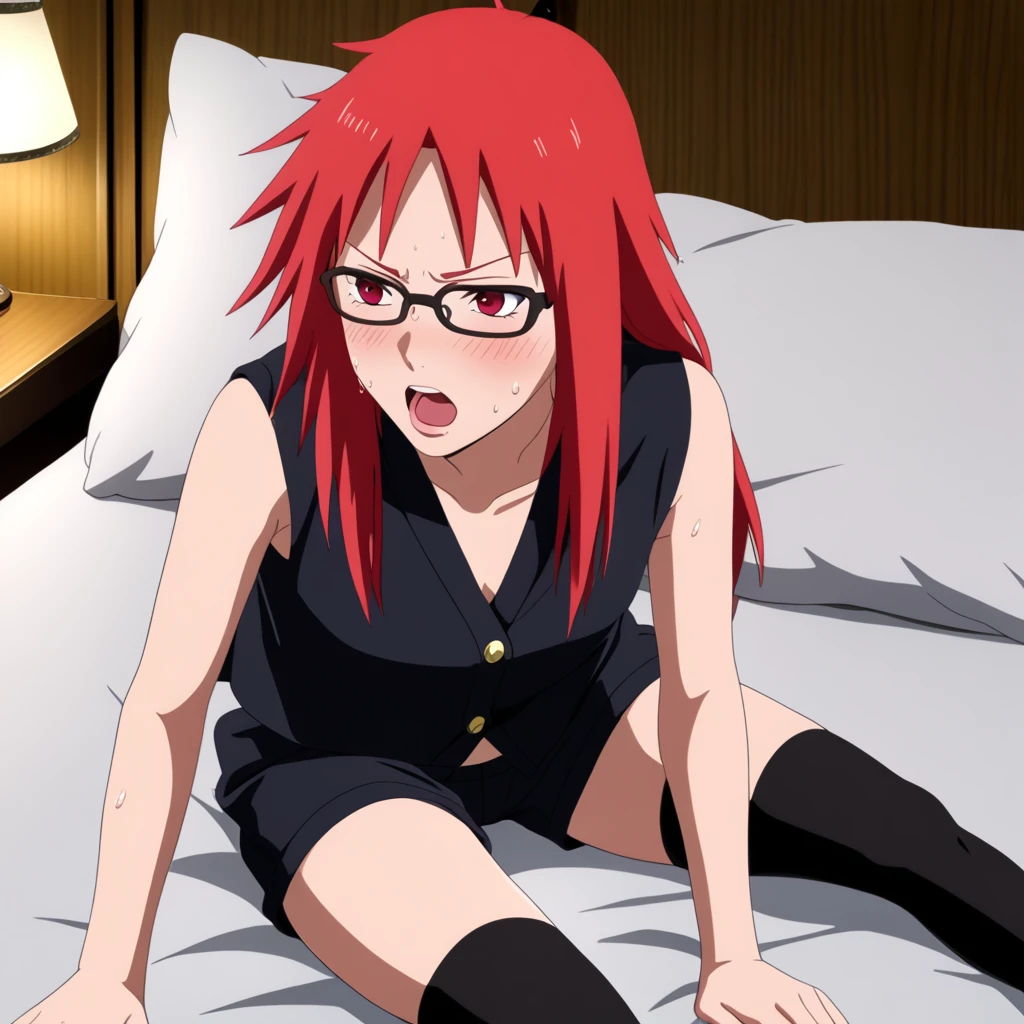 Red hair, 1 Girl, Glasses, Long hair, Red Eyes, Solitary, Long gown, Black over-the-knee stockings, 黑色shorts, Umbilical cord, Looking at the audience,No students, Japanese cartoons screencap, Japanese cartoons coloring,src_Japanese cartoons,Naruto \(series\), Naruto shippuuden,((blush,nervous,Vision,))masterpiece, absurd , (Intricate details), (Colorful), light, Extremely detailed CG unity 8k wallpaper ,1 Girl, solo,(shy,In the hotel,Lying on the bed,night,blush,nervous,Sweating,蕾丝dress, ),sweat,blush,blush1.5,Blush,Medium chest,((dress,Vest,shorts,Black stockings,luxurious hotel,night,)),(dress,Suspenders,shorts,Lying in bed,Uncomfortable expression,Mouth open,Stick out your tongue,)