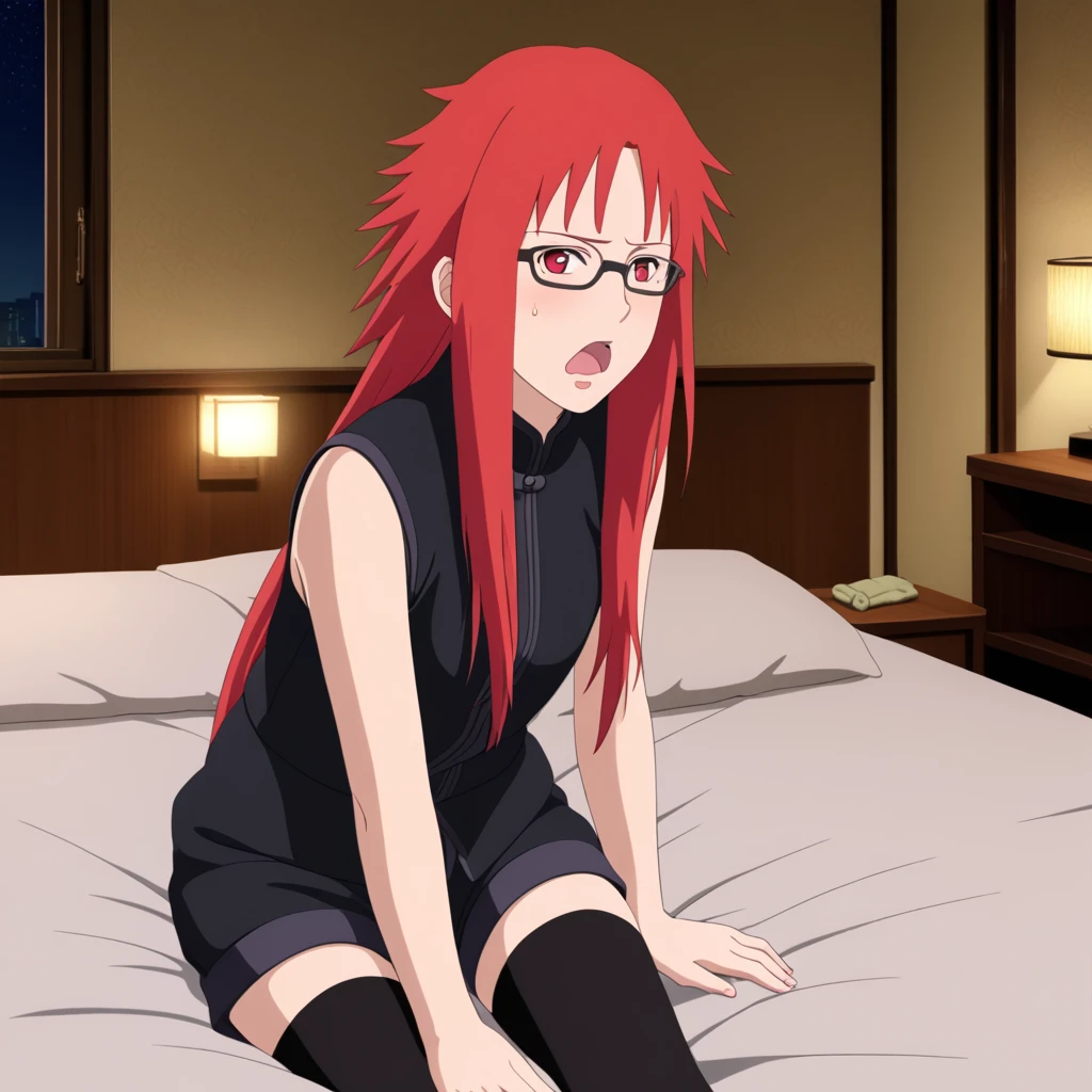 Red hair, 1 Girl, Glasses, Long hair, Red Eyes, Solitary, Long gown, Black over-the-knee stockings, 黑色shorts, Umbilical cord, Looking at the audience，No students, Japanese cartoons screencap, Japanese cartoons coloring,src_Japanese cartoons,Naruto \(series\), Naruto shippuuden,（（blush，nervous，Vision，））masterpiece， absurd ， （Intricate details）， （Colorful）， light， Extremely detailed CG unity 8k wallpaper ，1 Girl， solo，（shy，In the hotel，Lying on the bed，night，blush，nervous，Sweating，蕾丝dress， ），sweat，blush，blush1.5，Blush，Medium chest，（（dress，Vest，shorts，Black stockings，luxurious hotel，night，）），（dress，Suspenders，shorts，Lying in bed，Uncomfortable expression，Mouth open，Stick out your tongue，）