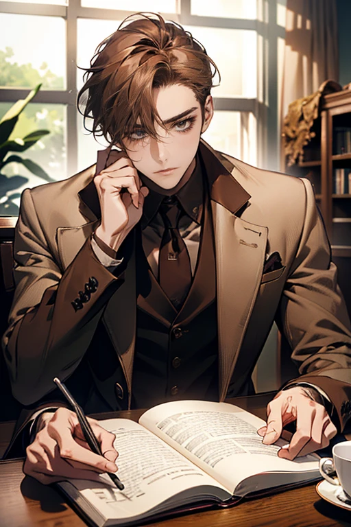 (Masterpiece artwork, high resolution, ultra detali:1.0), (1 young boy, young male), Eyes looking at the camera, perfect male body, extremely detailed CG, 8 k wallpaper, Complicated Details, just people, face detailed,(chestnut hair, eyes browns, white shirt, brown overcoat,brown suit vest, cups, shadowy face, Sit in front of the laptop, Behind her is a large bookshelf, sitting at the work table, I was in the workroom), Color difference, Depth of field, dramatic shadow, Ray tracing, best qualityer, cinematic lighting, Dark lighting of the room, offcial art