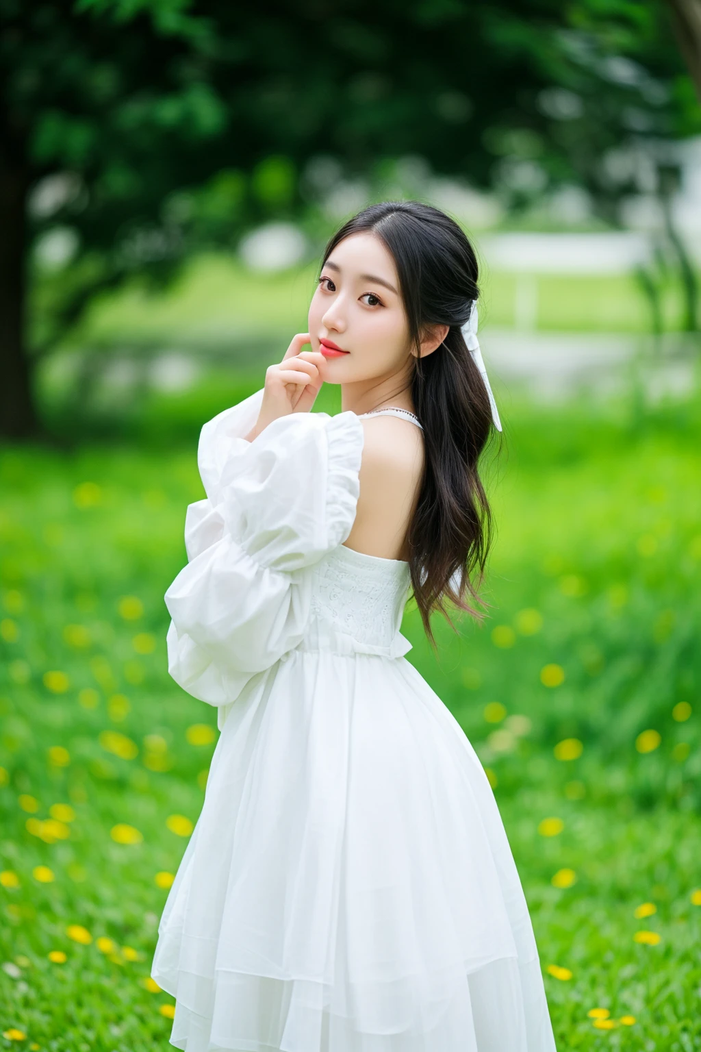 there is a woman in a white dress posing for a picture, white hanfu, beautiful young korean woman, a cute young woman, young asian girl, korean girl, a young asian woman, asian girl with long hair, beautiful south korean woman, korean woman, cute young woman, young asian woman, gorgeous young korean woman, wearing white dress, lovely woman