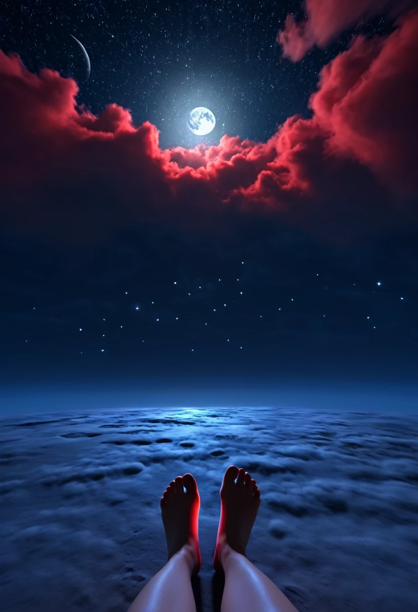 night sky, star, hope, beauty, Feet are moonlight, 3d, background, light red clouds
