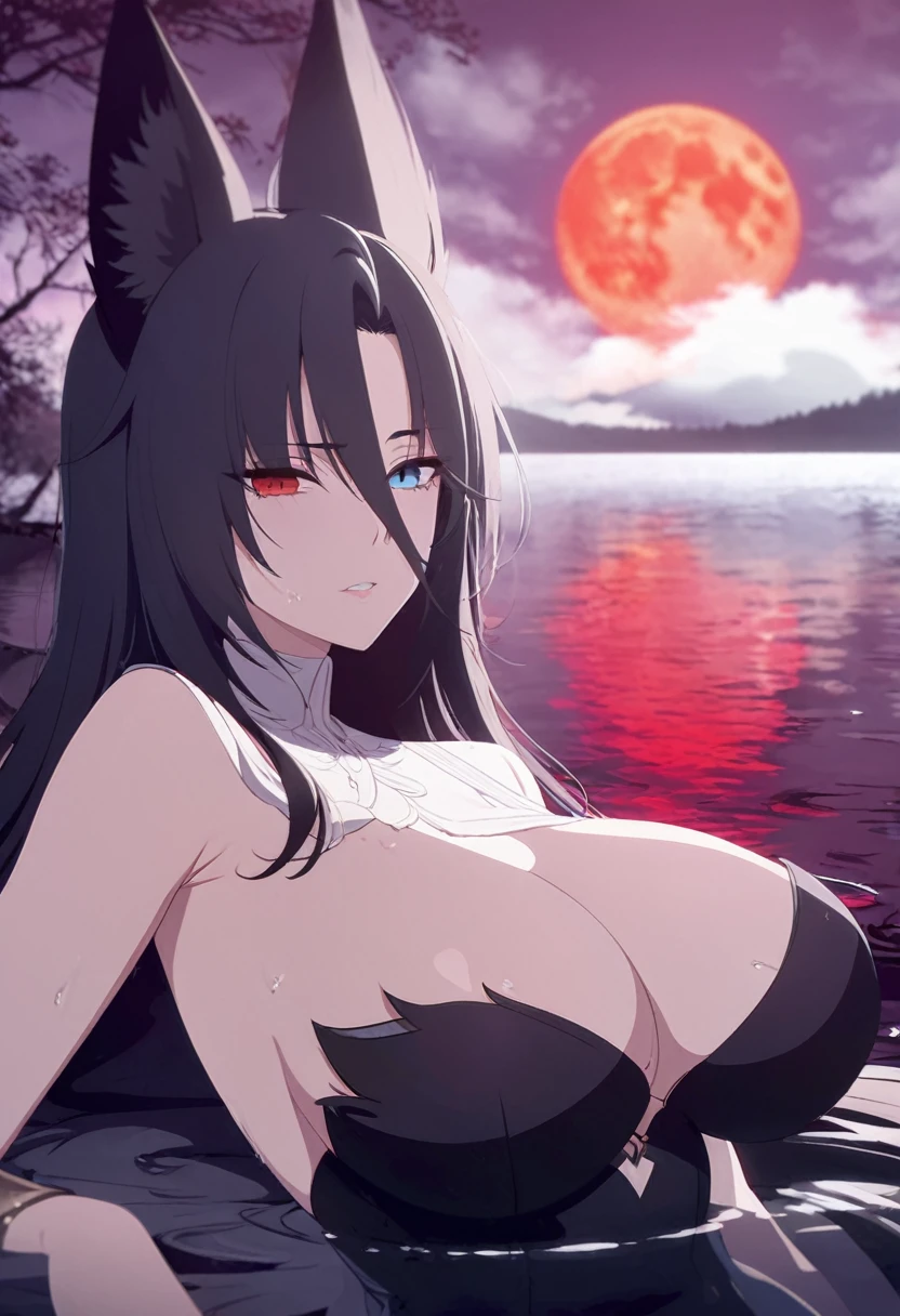 a beautiful blue and black kitsune,detailed intricate portrait,1girl,long black hair,slim waist,big breasts,long white tail,heterochromia (one blue eye, one red eye), design,mature woman,relax face,(best quality,4k,8k,highres,masterpiece:1.2),ultra-detaile,fantasy,dark fantasy,dramatic lighting,vibrant colors,Lying in a lake, with a white towel, A dark forest surrounded by fog, in the background a huge red moon reflecting in the lake (Lying horizontally, panoramic view
