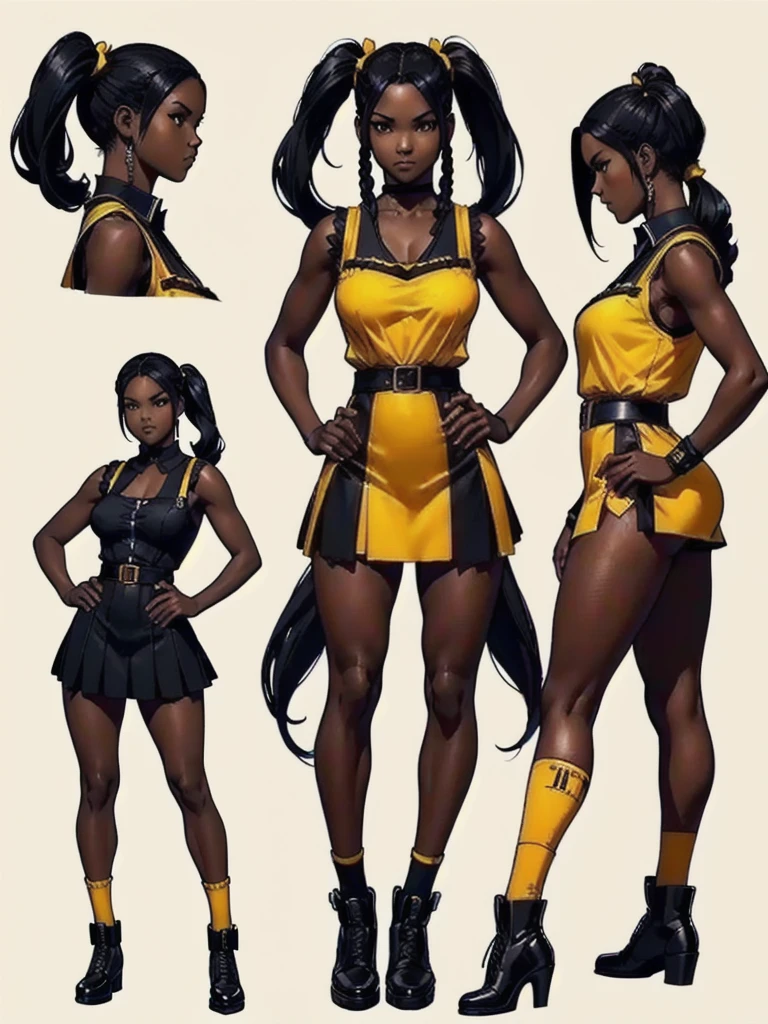 ((best quality)), ((4k)), ((highres)), ((masterpiece:1.2)). ((detailed)), ((ultra realistic)), ((intricate details)), ((full body picture)), ((character design sheet)), ((blank background)), ((standing in a blank background)), full body shot of a beautiful black female, ebony beauty, woman, 18 years old girl, dark brown skin, about 5'5 ft. tall, smirk on her face, ((smirking)), long curly black hair, ((long curly hair)), long hair, high pigtails, (((high pigtails)), dressed in a yellow sleeveless babydoll dress, ((EMPHASIS ON HER YELLOW SLEEVELESS BABYDOLL DRESS)), black leather belt on her waist, bare legs, yellow school girl HIGH SOCKS AND school girl BLACK SHOES, fighting game character design, tekken character design, the king of fighters character concept art, character concept art, full body, 18 years old female fighter, girly girl, cute girl, girly fighter character concept art