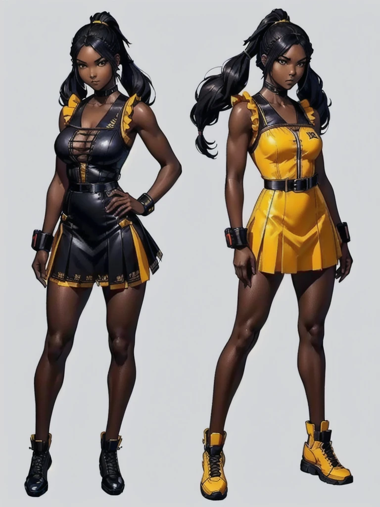 ((best quality)), ((4k)), ((highres)), ((masterpiece:1.2)). ((detailed)), ((ultra realistic)), ((intricate details)), ((full body picture)), ((character design sheet)), ((blank background)), ((standing in a blank background)), full body shot of a beautiful black female, ebony beauty, woman, 18 years old girl, dark brown skin, about 5'5 ft. tall, smirk on her face, ((smirking)), long curly black hair, ((long curly hair)), long hair, high pigtails, (((high pigtails)), dressed in a yellow sleeveless babydoll dress, ((EMPHASIS ON HER YELLOW SLEEVELESS BABYDOLL DRESS)), black leather belt on her waist, bare legs, yellow school girl HIGH SOCKS AND school girl BLACK SHOES, fighting game character design, tekken character design, the king of fighters character concept art, character concept art, full body, 18 years old female fighter, girly girl, cute girl, girly fighter character concept art
