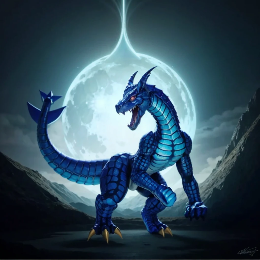 a close up of a Dragão azul with a full moon in the background, dragão de escamas azuis, Dragão azul, armadura azul inspirada em dragão, gênio azul, Dragão de cristal, Dragão de Água, Dragão Branco de olhos azuis, jormungandr, Naga, pintura digital de godrays, Naga-tirr, fantasia de dragão chinês ciano, Conceito de dragão de corpo inteiro, alto
