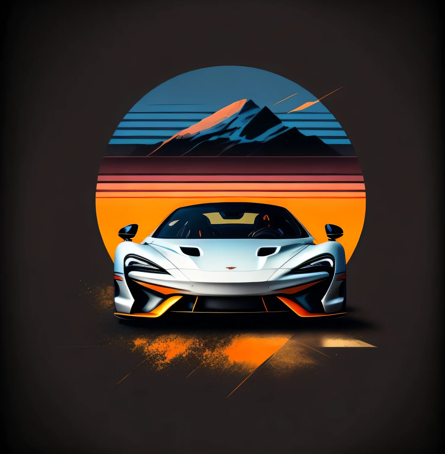 T-shirt graphic design art, Vintage Graphic Design,  McLAREN 570S GT4|, HIGH LEVEL OF DETAIL, vector image, A realistic masterpiece, professional photoshooting, simple car sunrise background, Backgrounid preto, tricolor, T-shirts designed for Adobe illustrators