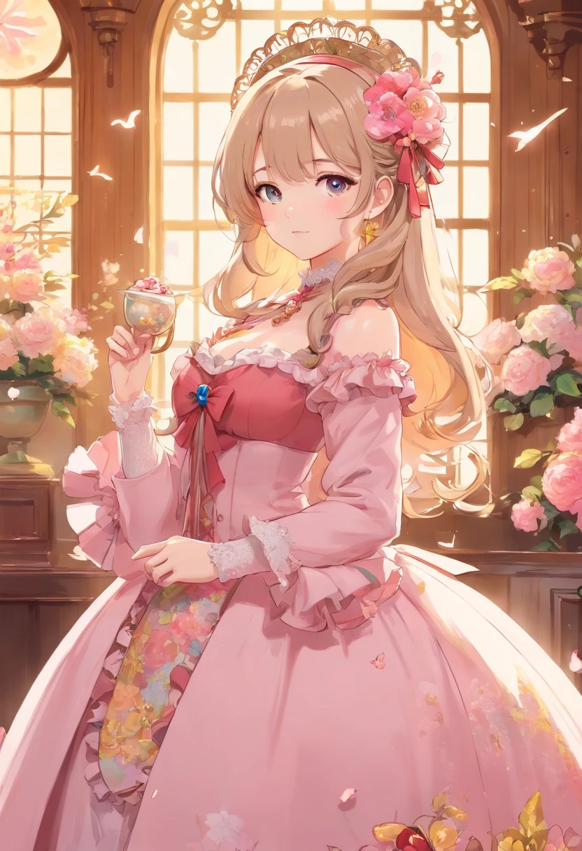 (Masterpiece), (best quality), illustration of Victorian Girl、kawaii girl、aniime、 1. **lo fashion**: Victorian fashion is characterized by dressy and elegant design。Ruffles and laces、corsets、Try incorporating elements such as long dresses。 2. **hairstyle on**: Women's hairstyles in the Victorian era are often complex and delicate。Upstyling and curling、It is also a good idea to add ribbons and floral ornaments to the hair.。 3. **Features**: girl features with soft features、Beautiful、kawaii、intelligent Beatty, Beautiful 5. **accessorized**: Accessories played an important role in the Victorian era。Hats、gloves、umbrellas, etc.、By drawing accessories with attention to detail、You can give your character personality。 Nice dress、florals、Luxurious costumes、PastelColors, (shining brightly), ((dazzling)), (floating a lot of flower petals, ((2d)), ((paper art))、(((glamorous)))、Plump、(((Chubby Mature Woman)))、(((Huge breasts)))、sexy woman、(Voluptuous:1.2)