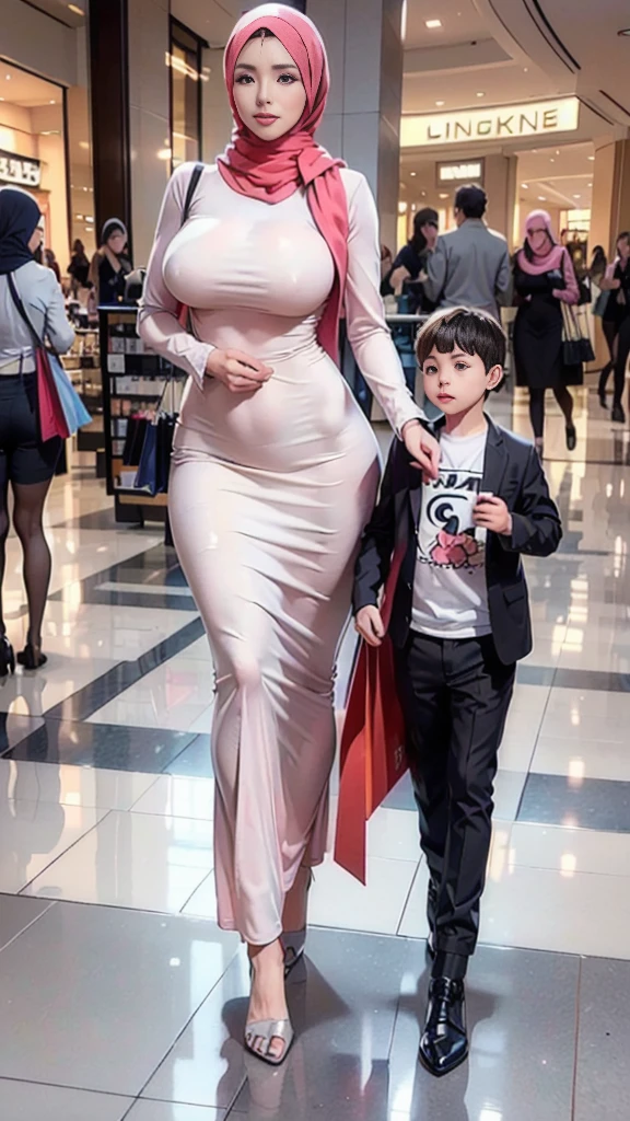 ((1 mature mother and her young son at mall, shopping:1.4)),Delicate details on the lips,a milf,artstationh trend,intricate face details,curvy physique,(thick body),vibrant,4k,12k resolution,seductive,  mom boy seductive ippo makanaochi, ((pink hijab, white long Sleeve maxi dress,  slim body,  slim leggs, long leggs, : 1.2)