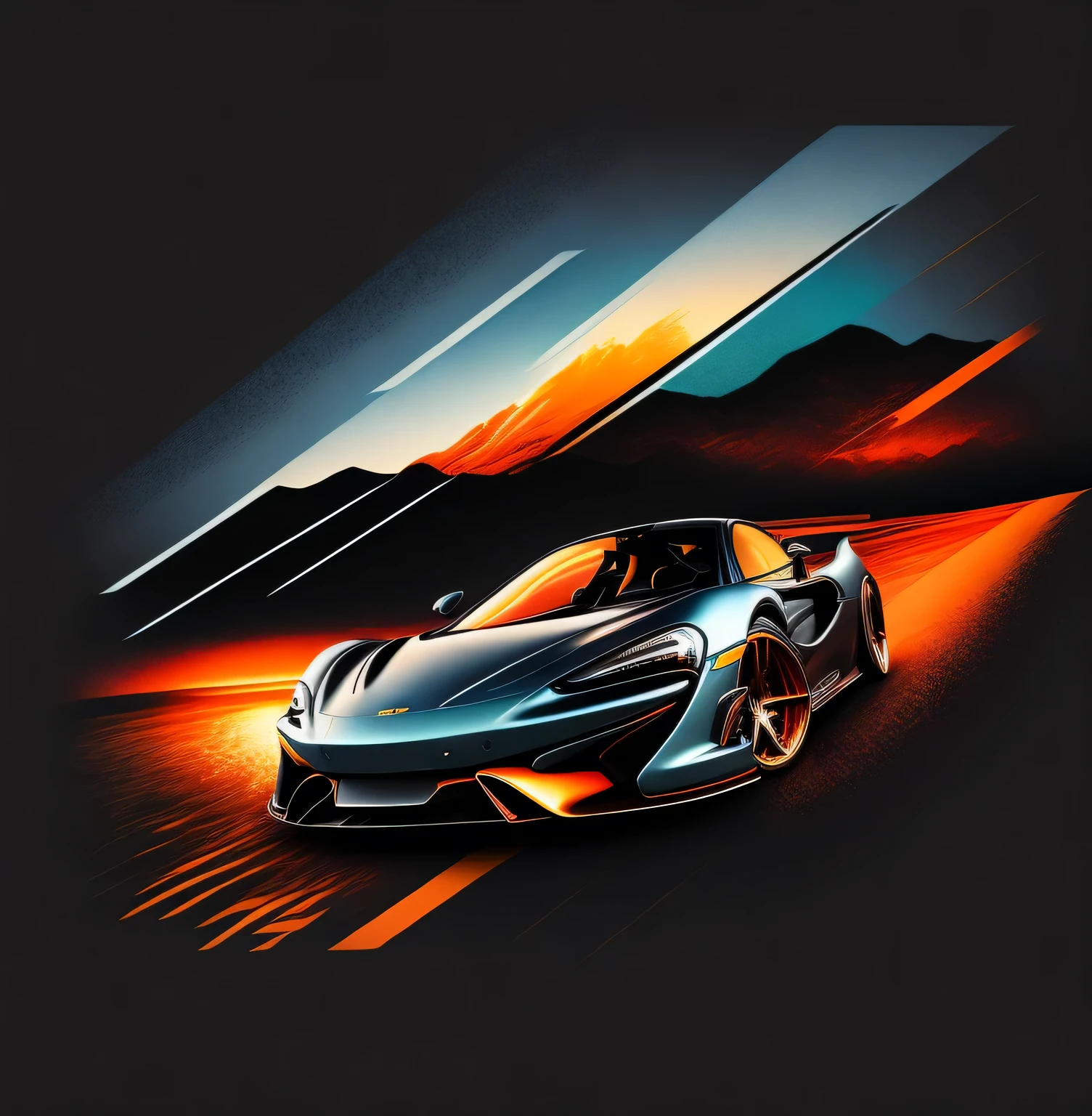 T-shirt graphic design art, Vintage Graphic Design, McLAREN 570S GT4|, HIGH LEVEL OF DETAIL, vector image, A realistic masterpiece, professional photoshooting, simple car sunrise background, Backgrounid preto, tricolor, T-shirts designed for Adobe illustrators