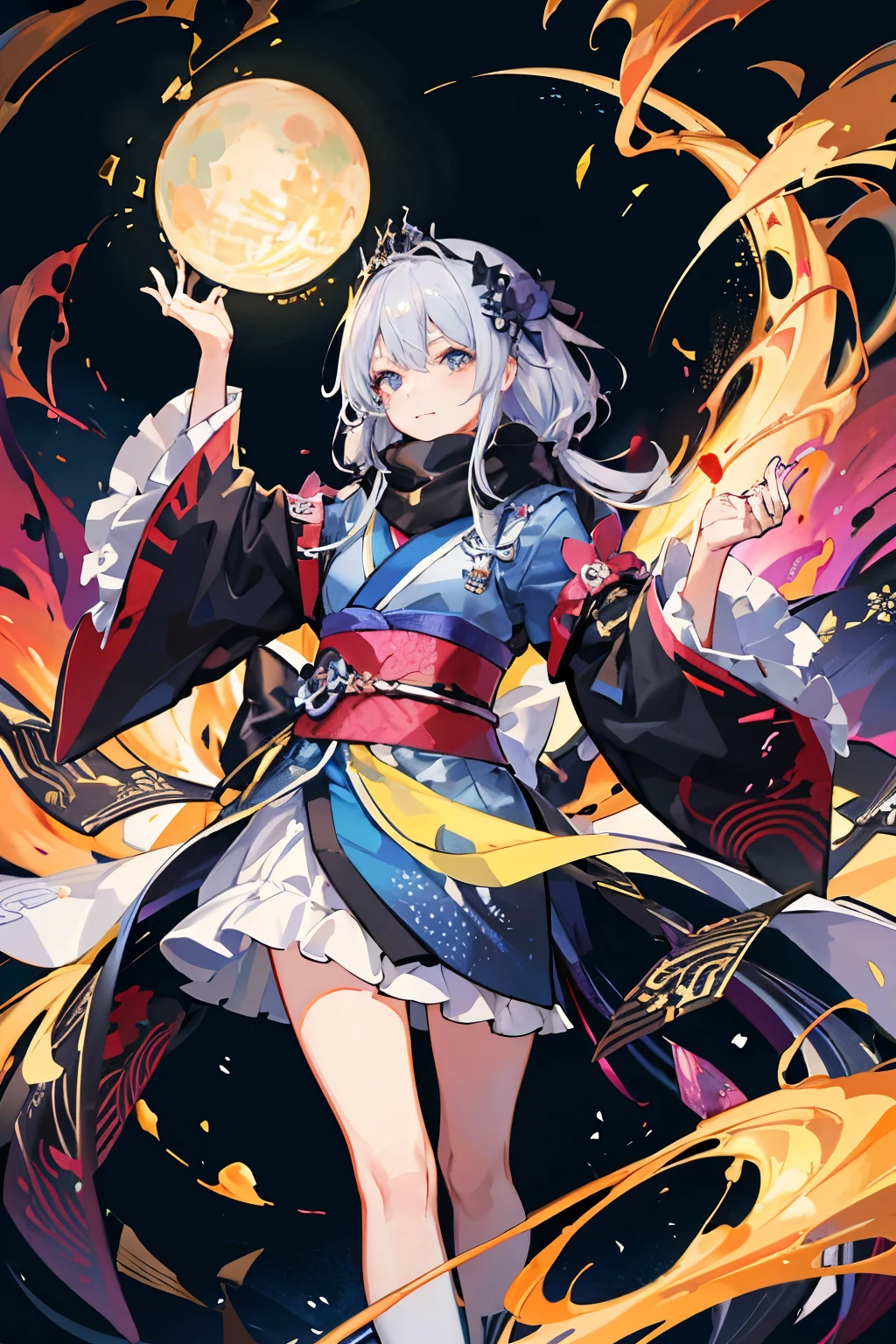 白銀の髪が風にDancing、A woman wearing a black kimono、A beautiful big round moon、A beautiful lake in the forest in the background、水滴がDancing、銀colorの髪飾りをしている、night、enamel，agate，肌colorの世界，ブラッドブルーメイデン 32k（masterpiece，Kilo，Aoyama Pond，Hyper HD，32k）Long, flowing silvery hair，Blood Pond，bloom， color，Sulky （Post Cock Scarf）， Dancing， looking at the ground， Long white hair， Floating bright blue， Gold tiara with fire cloud pattern， 日本の着物の金絹の黒colorの衣服， （Abstract Metaverse Splash：1.2）， White background，Peony flower, guardian of vitality（Realistically：1.4），明るい銀colorの髪，Smoke on the road，The background is pure， High resolution， detailed， RAW Photos， sharp， Nikon D850 film stock photo by Jefferies Lee 4 Kodak Portra 400 camera F1.6 shots, 豊かなcolor彩, Ultra-realistic vivid textures, Dramatic lighting, Unreal Engine Art Station Trends, Cinestia 800，A girl with long, flowing, bright silver hair，giant colorful bubbles、princess、kimono