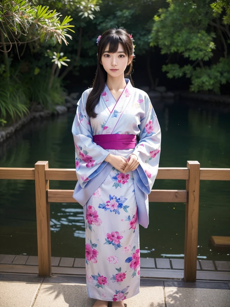 Beautiful yukata、(Highest quality)、((Very detailed))、4K、(8K)、masterpiece、Very detailedな、Highest quality、Super Resolution、1 person、Kind Face、Soft Light、RAW quality、Soft Skin、163cm、30 years old、geta、Standing posture