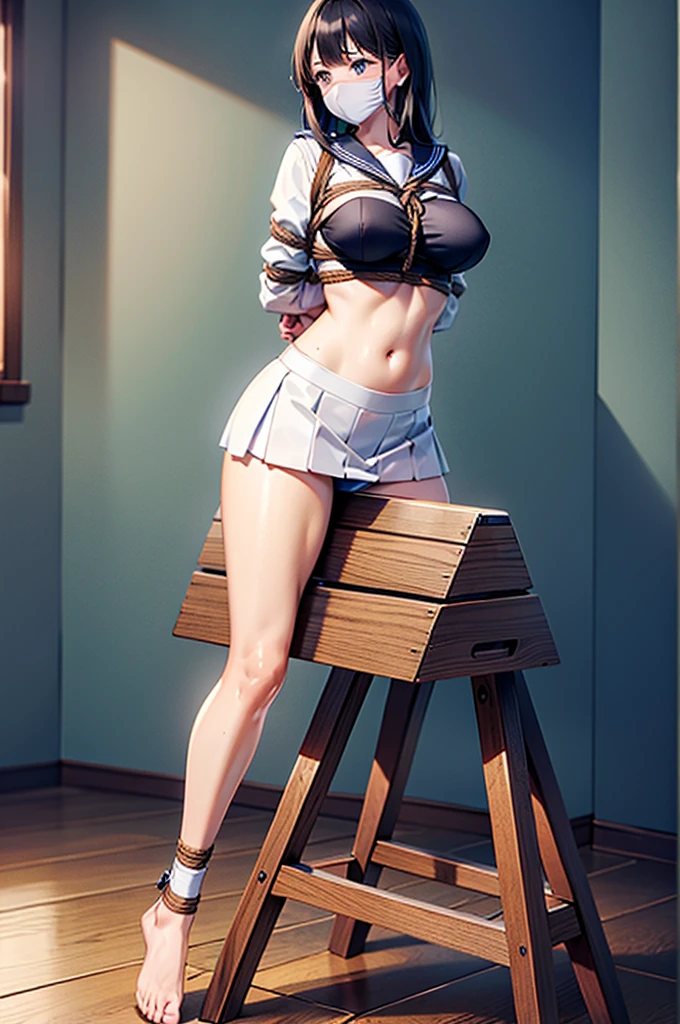 (Highly detailed CG Unity 8k), (Highest quality)，(Very detailed)，(Ultra-high resolution), 1 female, white cloth gag, uniform, Sailor suit, Rope Bondage, breasts Rope Bondage, hands back Rope Bondage, leg Rope Bondage, thigh Rope Bondage, bust Rope Bondage, feet Rope Bondage, Put your arms behind your hips, Wrists tied, Tie your ankles, Gagged with a white cloth, Dark blue skirt, Transform into a rocking horse, Foot weights, 