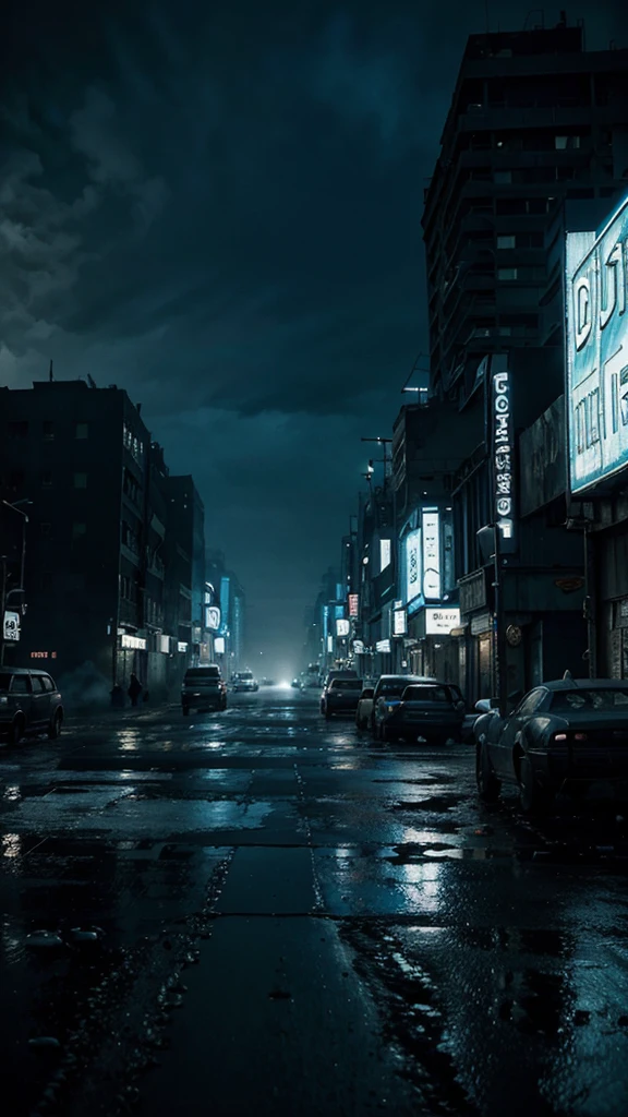 A post-apocalyptic world, 4k realistic imagery, blue scenery like a movie scene, old american setting, inspired by blade runner movie scene, blue tone,