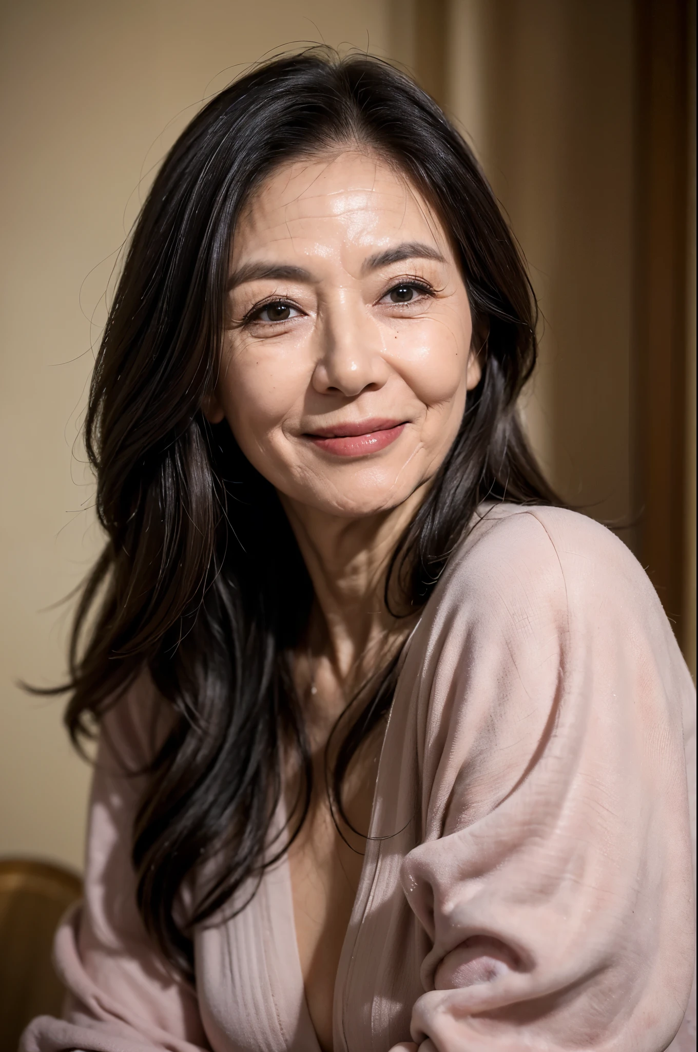(masterpiece:1.4),(69-year-old woman:1.5),(facial wrinkles 1.2),A kind smile,long hair, Motherhood Mature Woman