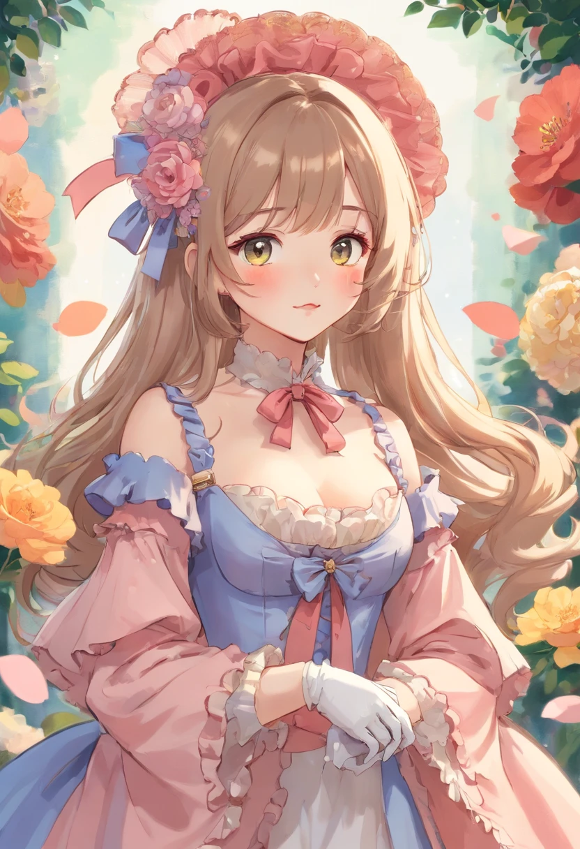 (Masterpiece), (best quality), illustration of Victorian Girl、kawaii girl、aniime、 1. **lo fashion**: Victorian fashion is characterized by dressy and elegant design。Ruffles and laces、corsets、Try incorporating elements such as long dresses。 2. **hairstyle on**: Women's hairstyles in the Victorian era are often complex and delicate。Upstyling and curling、It is also a good idea to add ribbons and floral ornaments to the hair.。 3. **Features**: girl features with soft features、Beautiful、kawaii、intelligent Beatty, Beautiful 5. **accessorized**: Accessories played an important role in the Victorian era。Hats、gloves、umbrellas, etc.、By drawing accessories with attention to detail、You can give your character personality。 Nice dress、florals、Luxurious costumes、PastelColors, (shining brightly), ((dazzling)), (floating a lot of flower petals, ((2d)), ((paper art))、(((glamorous)))、Plump、(((Chubby Mature Woman)))、(((Huge breasts)))、sexy woman、(Voluptuous:1.2)