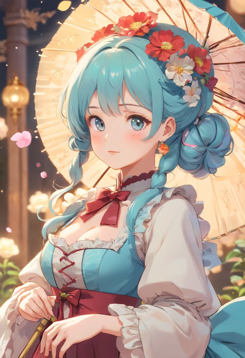 (Masterpiece), (best quality), illustration of Victorian Girl、kawaii girl、aniime、 1. **lo fashion**: Victorian fashion is characterized by dressy and elegant design。Ruffles and laces、corsets、Try incorporating elements such as long dresses。 2. **hairstyle on**: Women's hairstyles in the Victorian era are often complex and delicate。Upstyling and curling、It is also a good idea to add ribbons and floral ornaments to the hair.。 3. **Features**: girl features with soft features、Beautiful、kawaii、intelligent Beatty, Beautiful 5. **accessorized**: Accessories played an important role in the Victorian era。Hats、gloves、umbrellas, etc.、By drawing accessories with attention to detail、You can give your character personality。 Nice dress、florals、Luxurious costumes、PastelColors, (shining brightly), ((dazzling)), (floating a lot of flower petals, ((2d)), ((paper art))、(((glamorous)))、Plump、(((Chubby Mature Woman)))、(((Huge breasts)))、sexy woman、(Voluptuous:1.2)