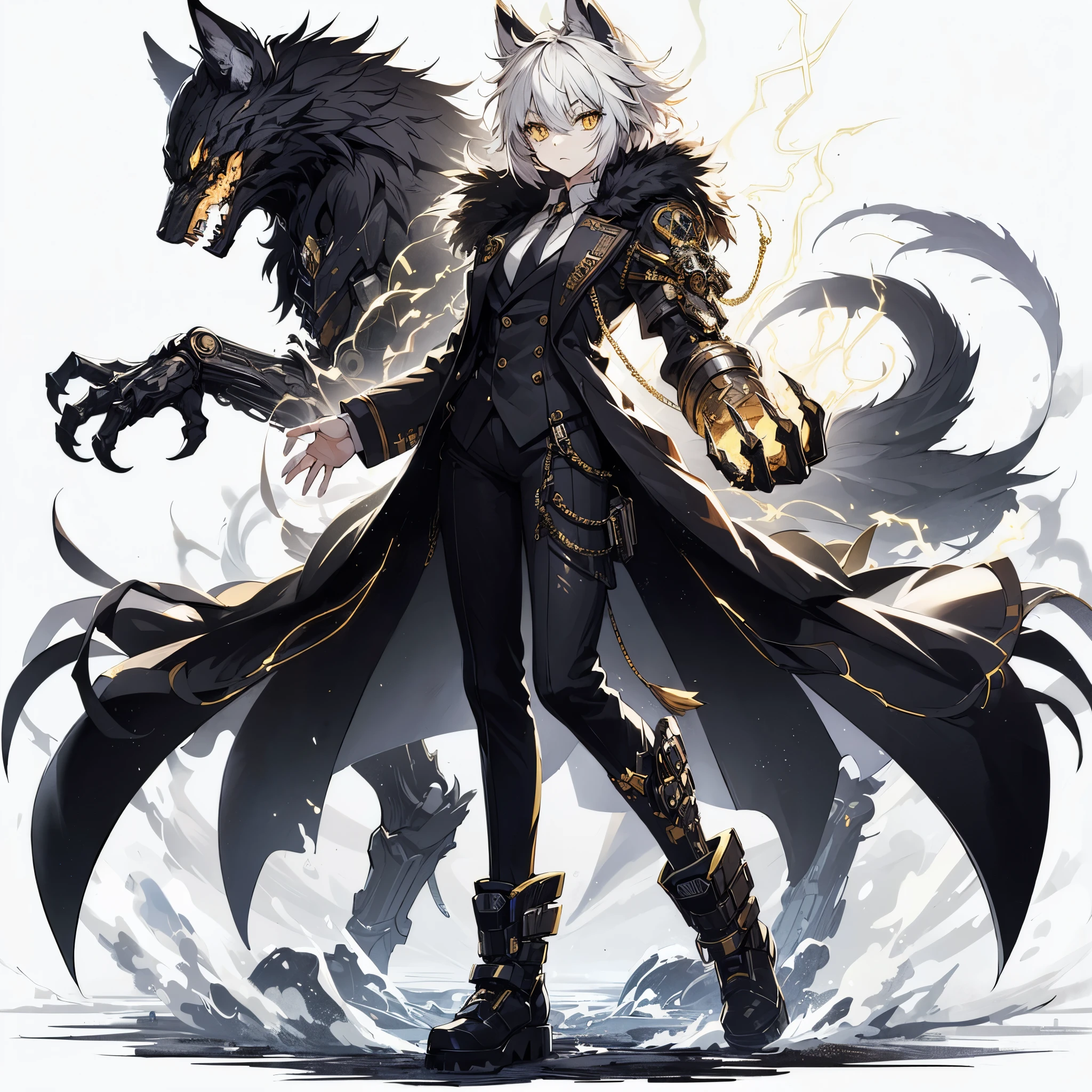 (Masterpiece, top quality), (fine hair), super detailed, anime style, solo, full body, whole body, cyberpunk gang lady, massive, white with yellow mixed with very short hair, gold eyes, right hand converted into a cybernetic claw called the talon of Horus. Left hand is a bare fist, fanged mask, black formal suits with gold trim, wolf fur long coat, long boots, supernatural lightning, white background, full body standing, standing on desolate earth.
