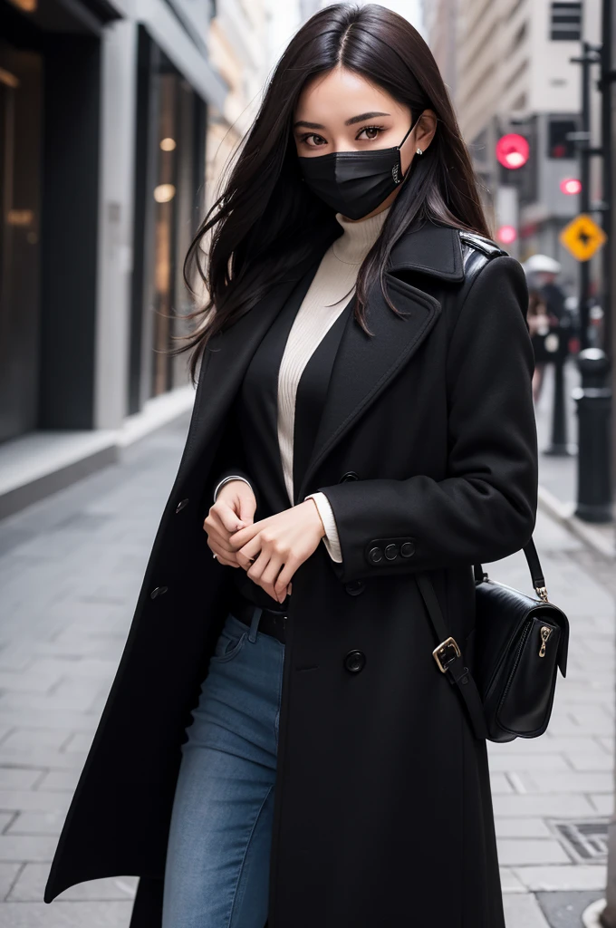 Brazilian brunette black, black overcoat, social clothes, full mask on