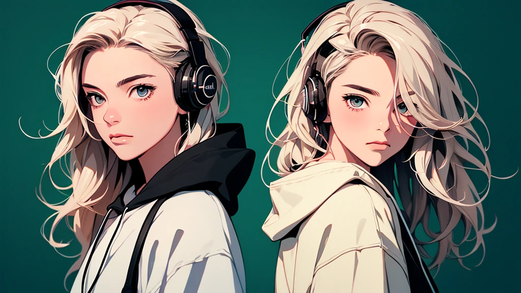 2D illustration, anime, Portraiture в изобразительном искусстве, Manga style, Bishamon from noragami, 1 Girl, Blonde long hair, Big Hair, Curly Hair, {{full name eyes}}, create, beautiful, High resolution, masterpiece, Highest quality, High detail, High detailed eyes, Grain Filter, Detailed lips, High resolution, Super detailed, Portraiture, White women, Realisticな比率, Anatomically correct, beautiful若い女性, Erin Moriarty pairing:0.7, joey king:0.5, Sydney Sweeney:0.whole bodyポートレート4枚, Illustrator, anime , Realistic ,sketch , 1 Girl, ,lip, hoodie,order, Blue gradient background, Neon Hair,Textured Trim, Canadian, (masterpiece,Highest quality), lofi, Battle DJ girl in HIPHOP fashion wearing DJ headphones,whole body,Asian,