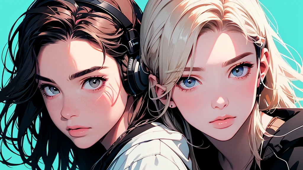 2D illustration, anime, Portraiture в изобразительном искусстве, Manga style, Bishamon from noragami, 1 Girl, Blonde long hair, Big Hair, Curly Hair, {{full name eyes}}, create, beautiful, High resolution, masterpiece, Highest quality, High detail, High detailed eyes, Grain Filter, Detailed lips, High resolution, Super detailed, Portraiture, White women, Realisticな比率, Anatomically correct, beautiful若い女性, Erin Moriarty pairing:0.7, joey king:0.5, Sydney Sweeney:0.whole bodyポートレート4枚, Illustrator, anime , Realistic ,sketch , 1 Girl, ,lip, hoodie,order, Blue gradient background, Neon Hair,Textured Trim, Canadian, (masterpiece,Highest quality), lofi, Battle DJ girl in HIPHOP fashion wearing DJ headphones,whole body,Asian,