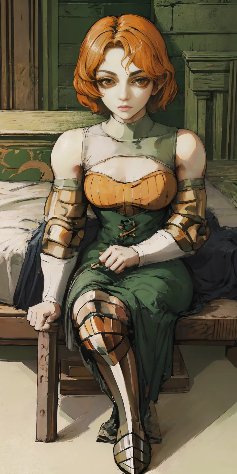 Female funger sitting on bed, very detailed illustration, 1sologirl, big breasts, highres, high quality, masterpiece, looking at viewer (female knight), orange short hair, absurdres, ultra-detailed
