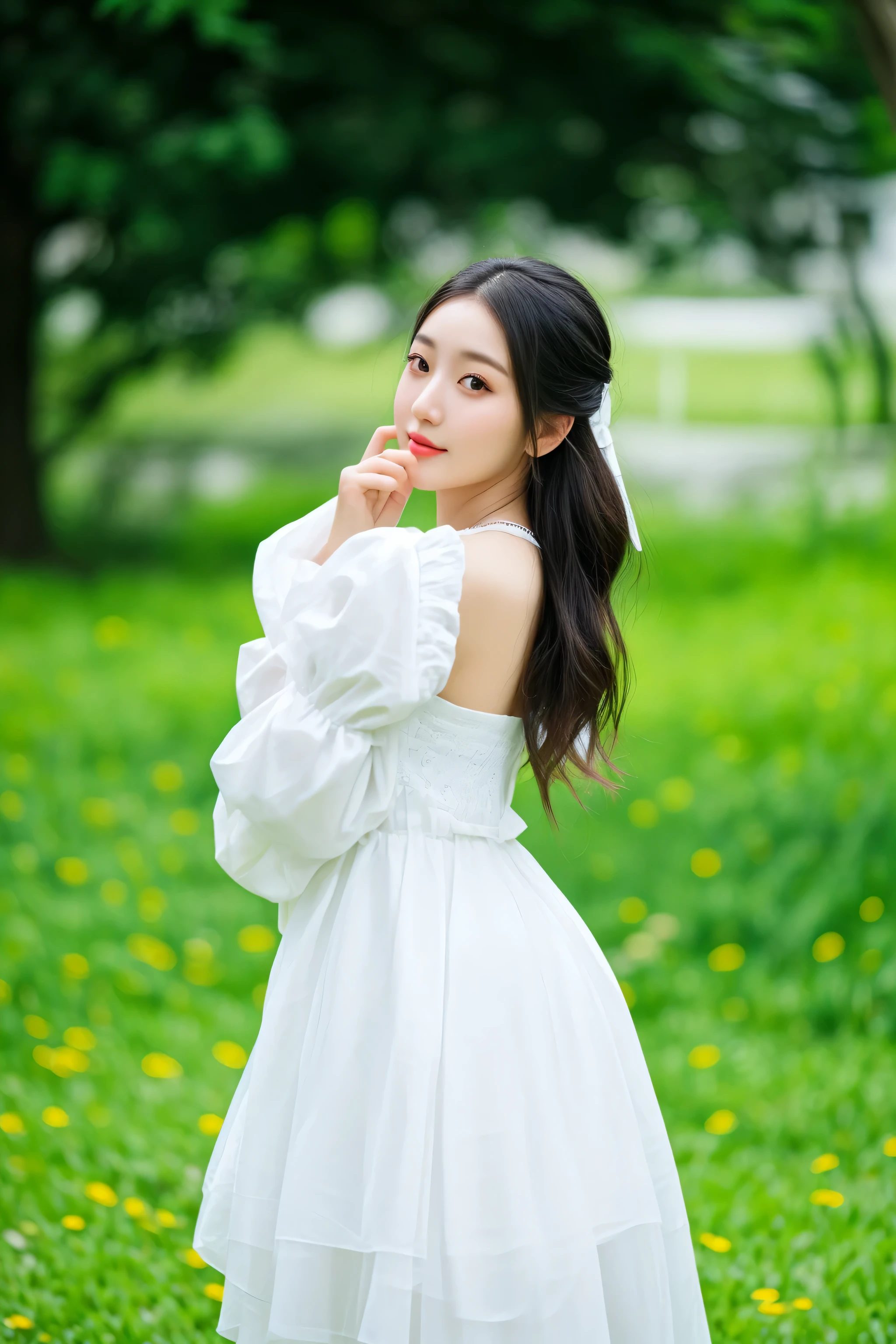 there is a woman in a white dress posing for a picture, white hanfu, beautiful young korean woman, a cute young woman, young asian girl, korean girl, a young asian woman, asian girl with long hair, beautiful south korean woman, korean woman, cute young woman, young asian woman, gorgeous young korean woman, wearing white dress, lovely woman