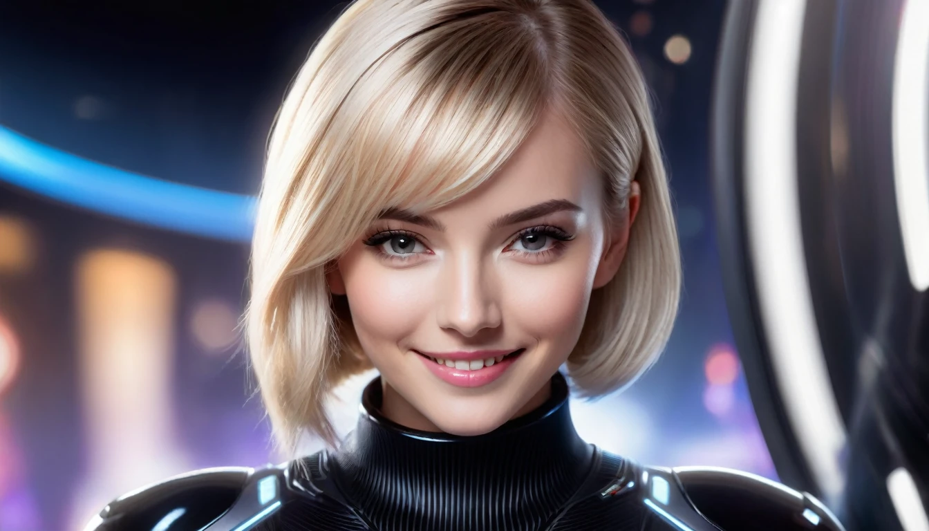 a beautiful 25 yo Prague woman with short blond bob angel hair, great smile wearing a black sweater looking at a black and chrome futuristic Venusian spacecraft, intricate detailing, HDR, vibrant contrast, 32k resolution, luminism lighting techniques, ultra-realistic digital render, bokeh, mass effect, close up black, beauty, pure perfection, divine presence, unforgettable, impressive, breathtaking beauty, Volumetric light, auras, rays, 8k uhd, dslr, soft lighting, high quality, natural textures 8k masterpiece canon eos r4s 50