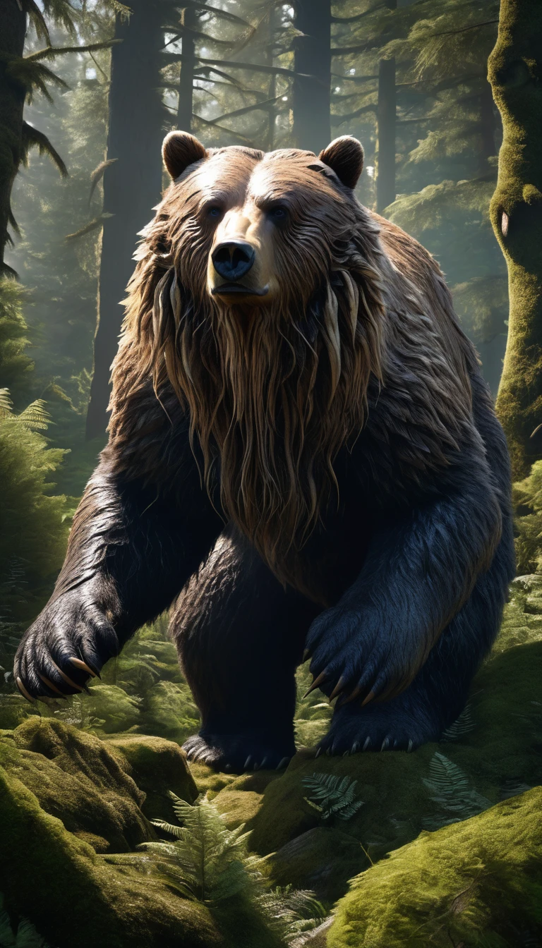 Front view,There is a wild man in the forest,Bear-like appearance,Covered with long hair(best quality,4K,8K,High level,masterpiece:1.2),Ultra Detailed,(lifelike,Photo real,Photo real:1.37),Highly detailed animals,Complex patterns,Realistic lighting,Fantasy Creatures