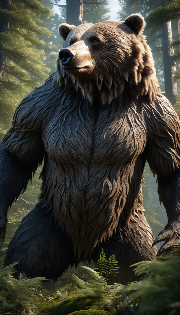 Front view,There is a wild man in the forest,Bear-like appearance,Covered with long hair(best quality,4K,8K,High level,masterpiece:1.2),Ultra Detailed,(lifelike,Photo real,Photo real:1.37),Highly detailed animals,Complex patterns,Realistic lighting,Fantasy Creatures