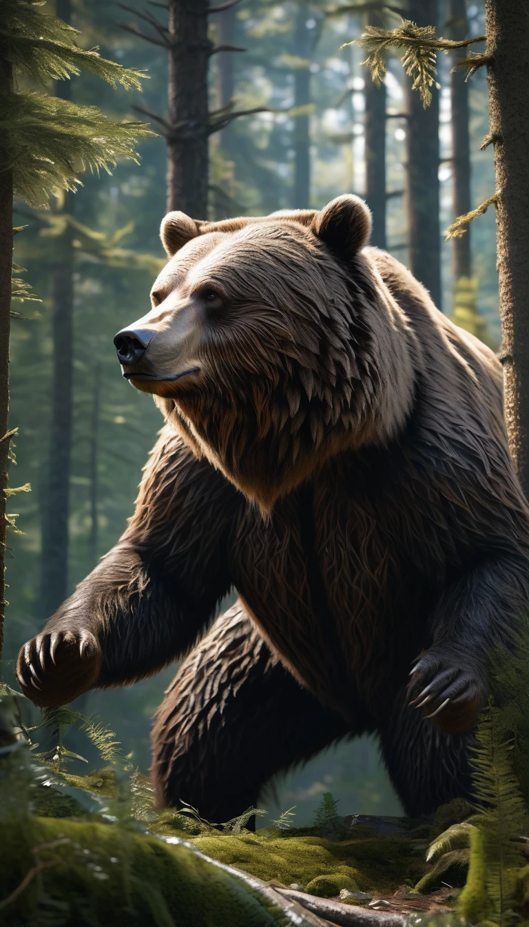 Front view,There is a wild man in the forest,Bear-like appearance,Covered with long hair(best quality,4K,8K,High level,masterpiece:1.2),Ultra Detailed,(lifelike,Photo real,Photo real:1.37),Highly detailed animals,Complex patterns,Realistic lighting,Fantasy Creatures