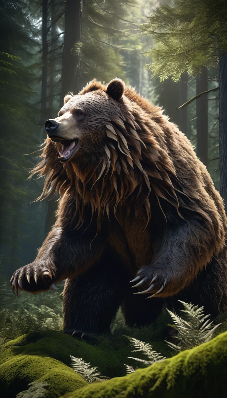 Front view,There is a wild man in the forest,Bear-like appearance,Covered with long hair(best quality,4K,8K,High level,masterpiece:1.2),Ultra Detailed,(lifelike,Photo real,Photo real:1.37),Highly detailed animals,Complex patterns,Realistic lighting,Fantasy Creatures