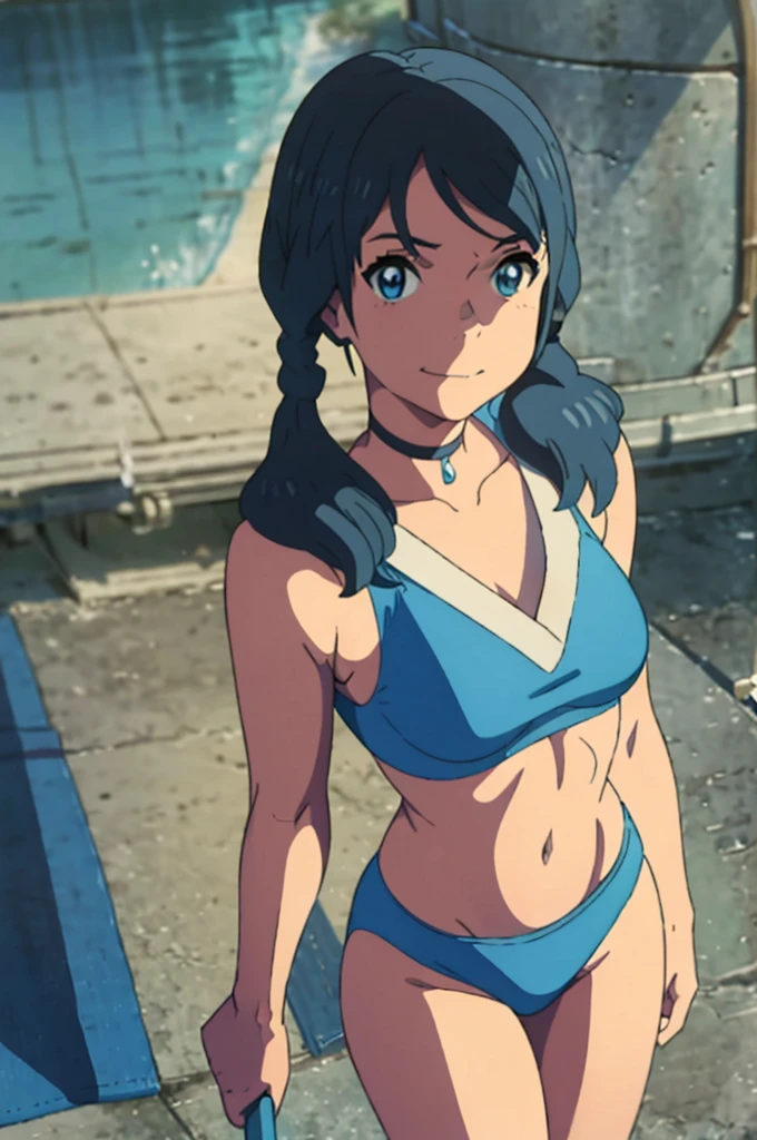 By hand_hina, twintails, blue colored eyes, sleeveless, very short blue bikini, anime coloring), gazing at viewer, ((wearing blue bikini)), ssmile, (fully body), arms behind the back, standing on one leg, pose sexy, best qualityer