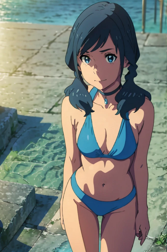 By hand_hina, twintails, blue colored eyes, sleeveless, very short blue bikini, anime coloring), gazing at viewer, ((wearing blue bikini)), ssmile, (fully body), arms behind the back, standing on one leg, pose sexy, best qualityer