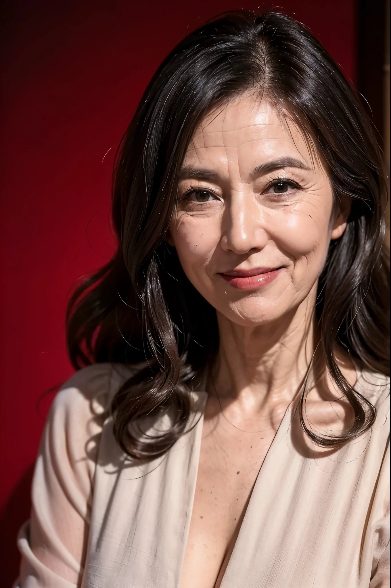 (masterpiece:1.4),(69-year-old woman:1.5),(facial wrinkles 1.2),A kind smile,Long Wavy Hair, Motherhood Mature Woman