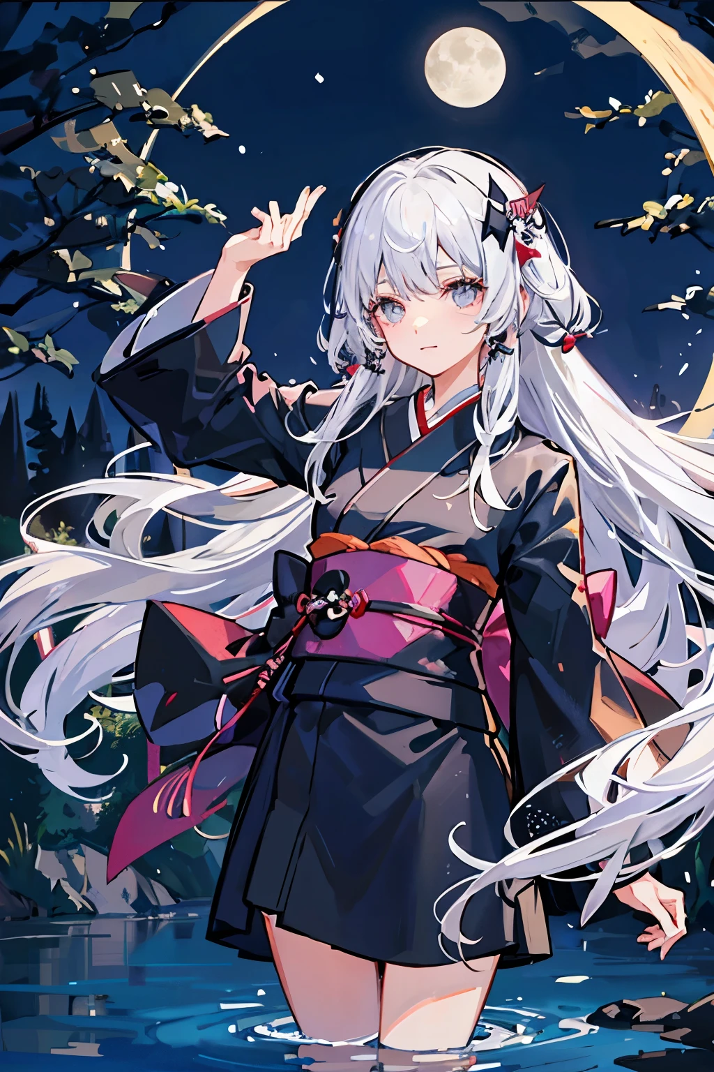 Silver hair dancing in the wind、A woman wearing a black kimono、A beautiful round moonlit night、A beautiful lake in the forest in the background、Water droplets are dancing、She has a silver hair ornament