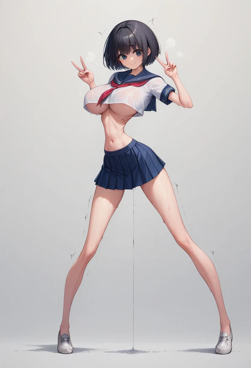 (masterpiece, best quality:1.2), front shot, beautiful 1girl, (super big breasts, micro waist, very long legs:1.4), Black hair, short bob hair, short height, scrawny and thin body, Very skinny abdomen, Light Skin, cute big eyes, cute beautiful thin face, forced smile, serafuku, mini skirt, pigeon-toed, (Arched back), wet and sweaty, visible ribs, Long and thin navel, V sign, Trembling